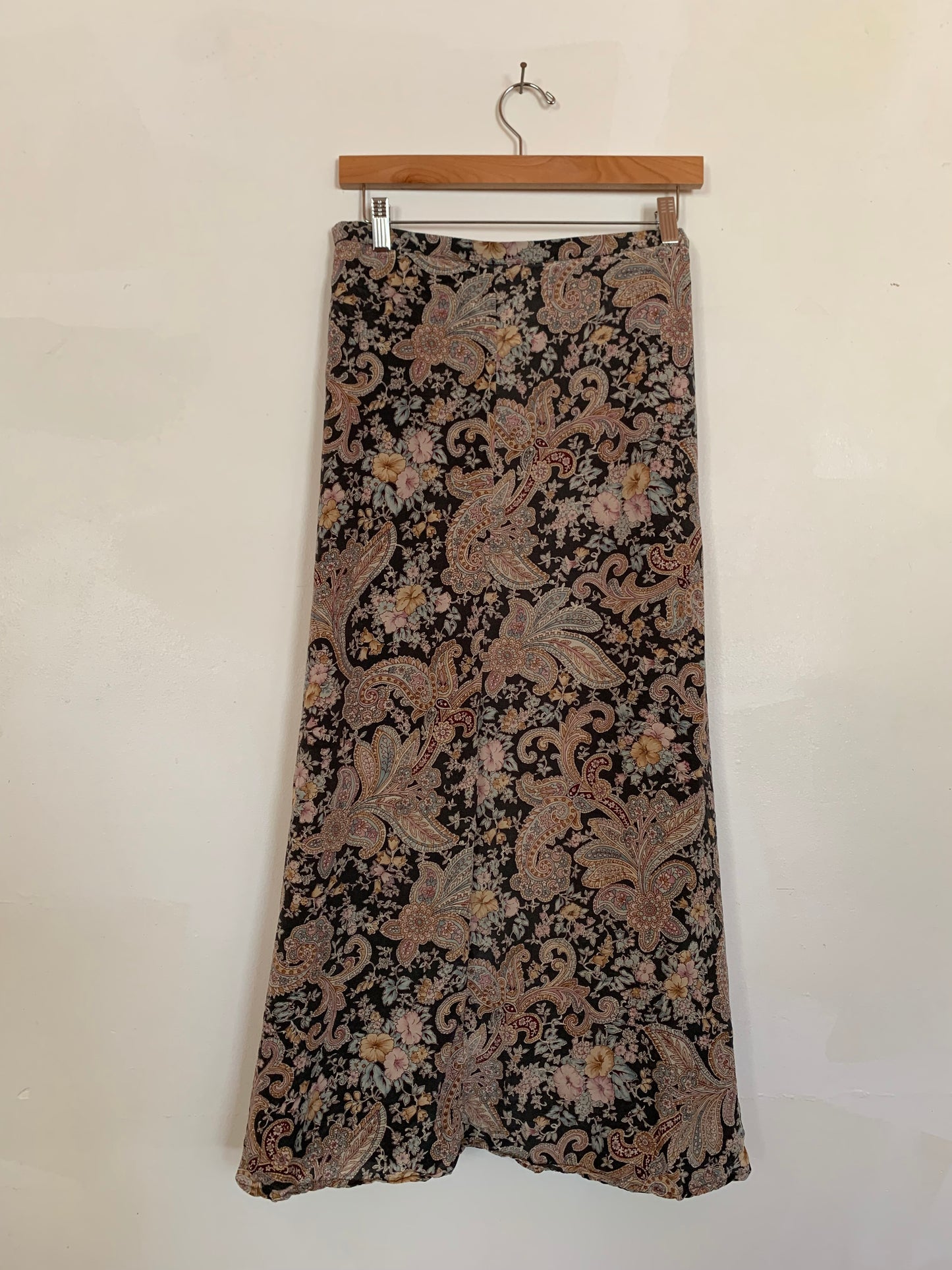 Forest and burgundy silk maxi skirt