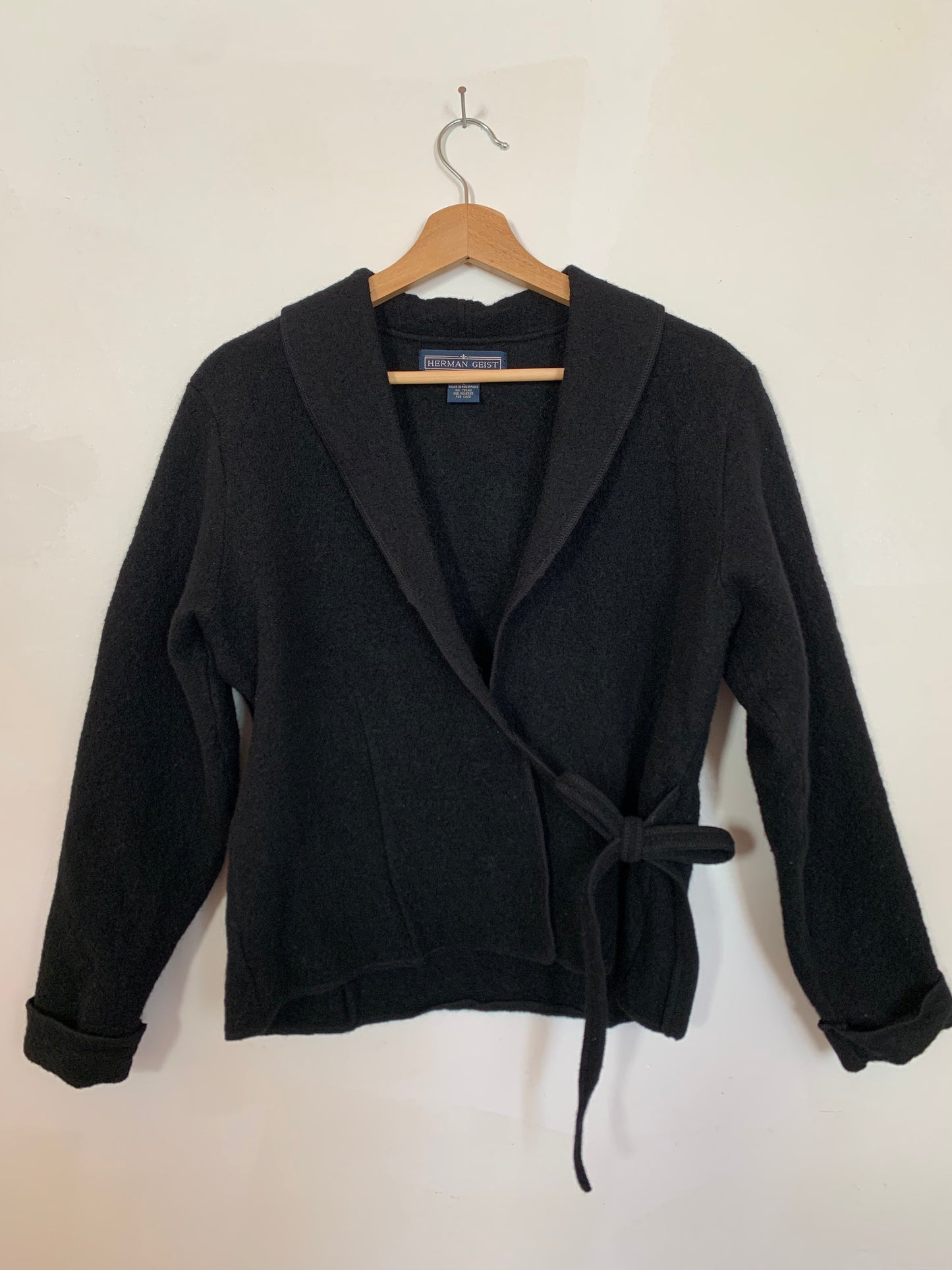 Boiled wool tie front cardigan