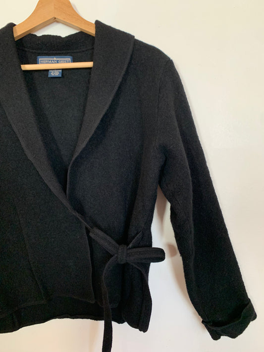 Boiled wool tie front cardigan